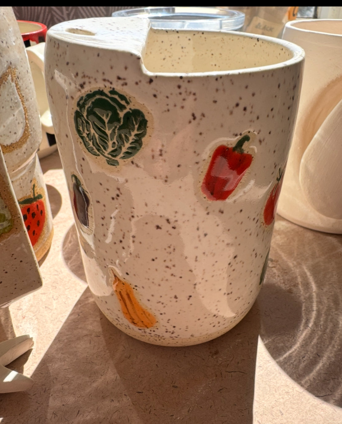 Custom Ceramic travel Cup | Handmade Commission | Speckled Stoneware with Veggie Designs