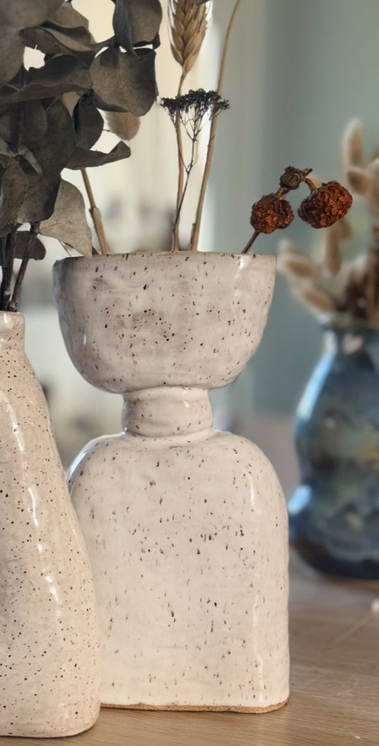 Handmade Ceramic Flower Frog Vase | Speckled Stoneware | Built-In Stem Support Grid