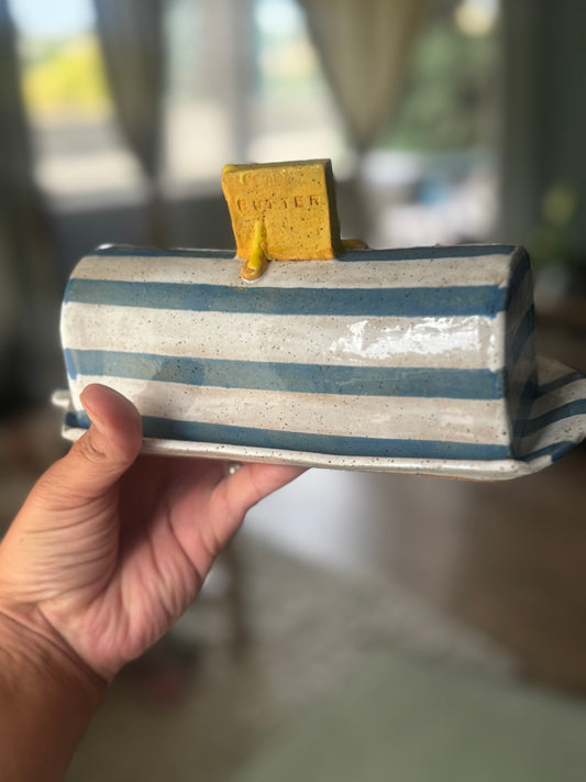 Ceramic Handmade Striped Butter Dish with Melting Butter Handle