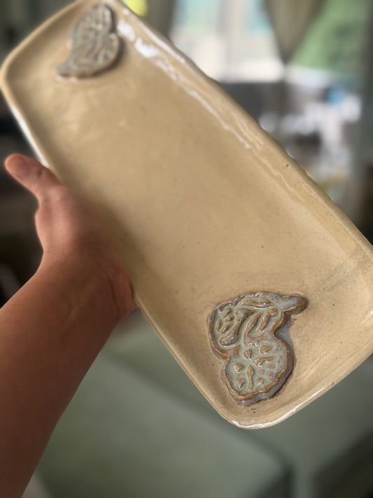 Handmade Ceramic Serving Tray with Floral Corner Accents