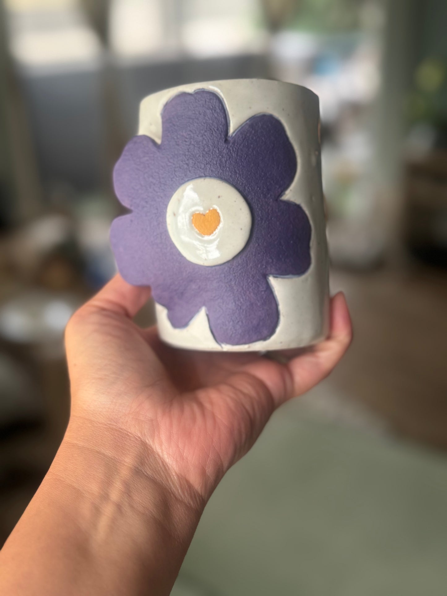 Handmade Ceramic Mug | Purple Flower Design | Raised Floral Appliqué hand warmer style handle