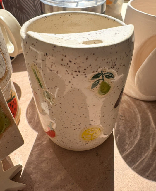 Custom Ceramic travel Cup | Handmade Commission | Speckled Stoneware with Veggie Designs