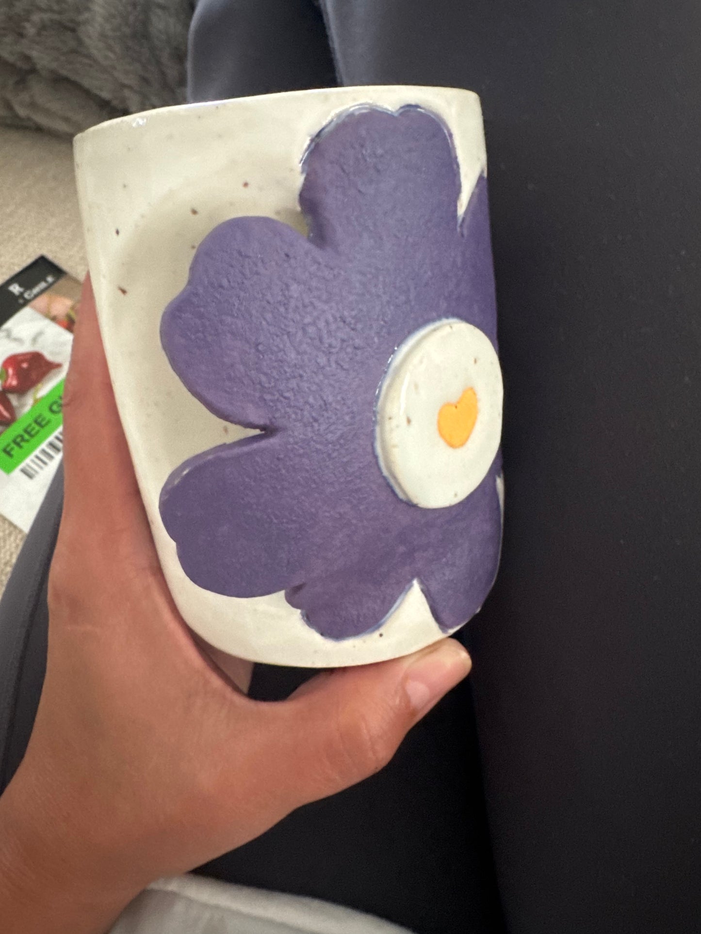 Handmade Ceramic Mug | Purple Flower Design | Raised Floral Appliqué hand warmer style handle